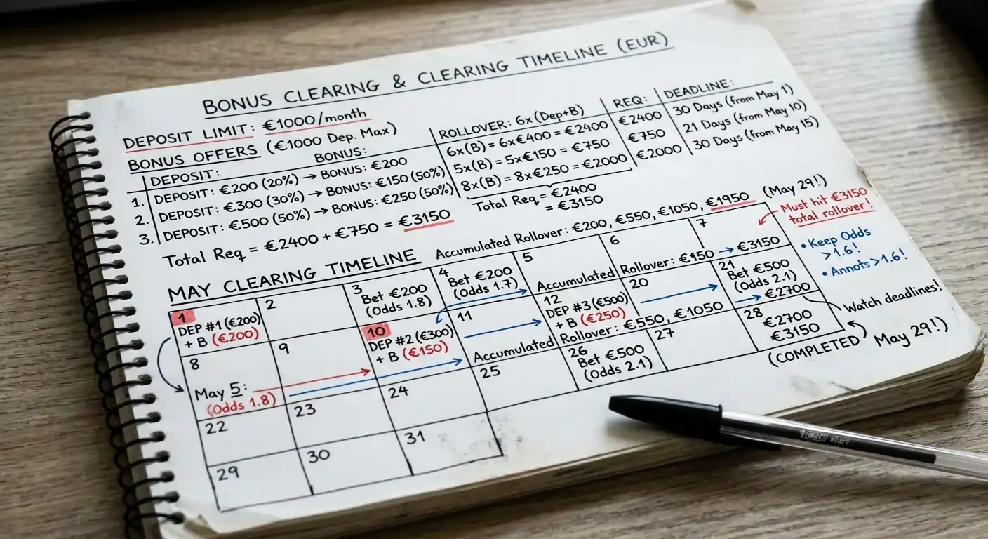 Bonus-Clearing-Zeitplan mit 1000-Euro-Einzahlungslimit: Konkrete Rechenbeispiele für Rollover und Bonusfrist