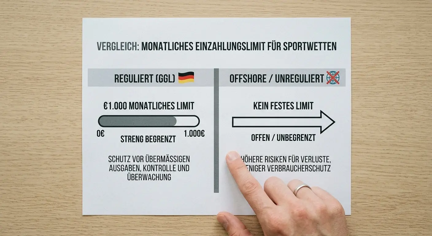 Einzahlungslimit Vergleich: GGL-lizenzierte Sportwettenanbieter mit 1000-Euro-Limit versus offshore Anbieter für virtuelle Sportwetten ohne Limit