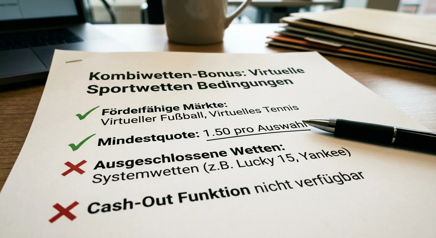 Bedingungen für Kombiwetten-Bonus bei virtuellen Sportwetten — Mindestauswahlen, Mindestquote und ausgeschlossene Märkte