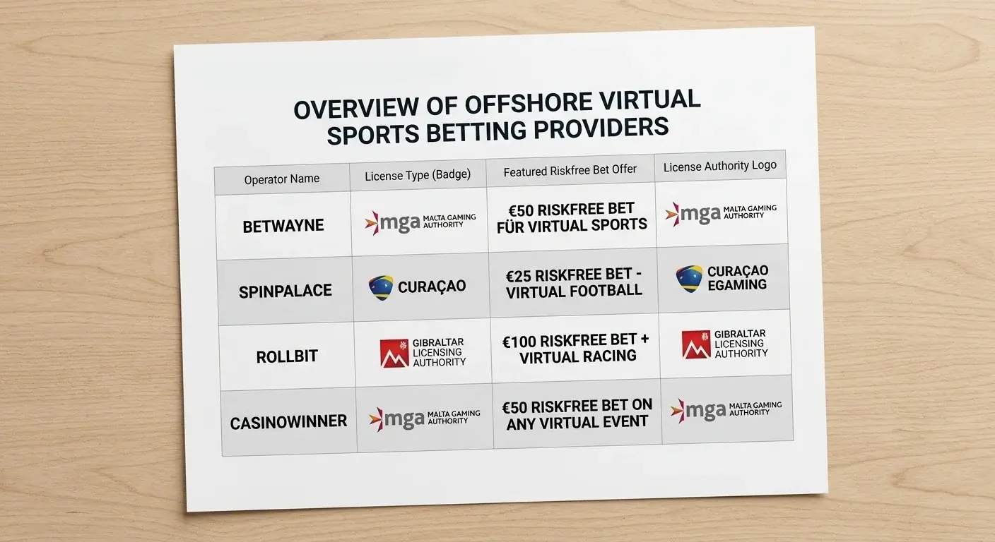 Anbieter mit Riskfree Bet für virtuelle Sportwetten — offshore Buchmacher mit MGA und Curaçao Lizenz im Überblick