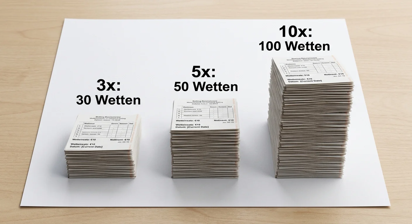 Rechenbeispiele für Rollover 3x, 5x und 10x bei einem 100-Euro Sportwetten Bonus — Gesamteinsatz und Wettanzahl im Vergleich