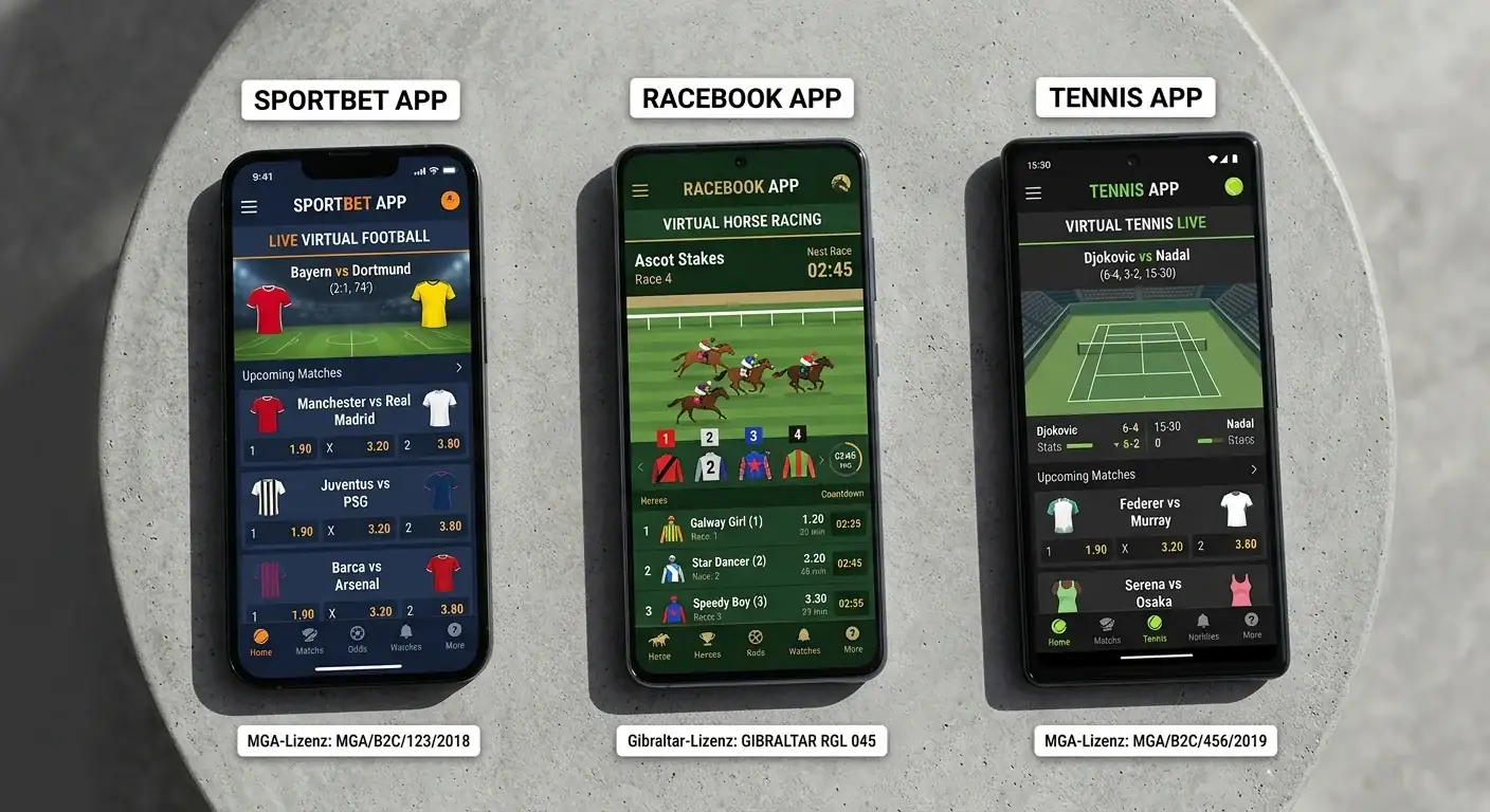 Übersicht von Sportwetten Apps mit Virtual Sports Bonus - Anbieter mit MGA und Offshore-Lizenz im Vergleich