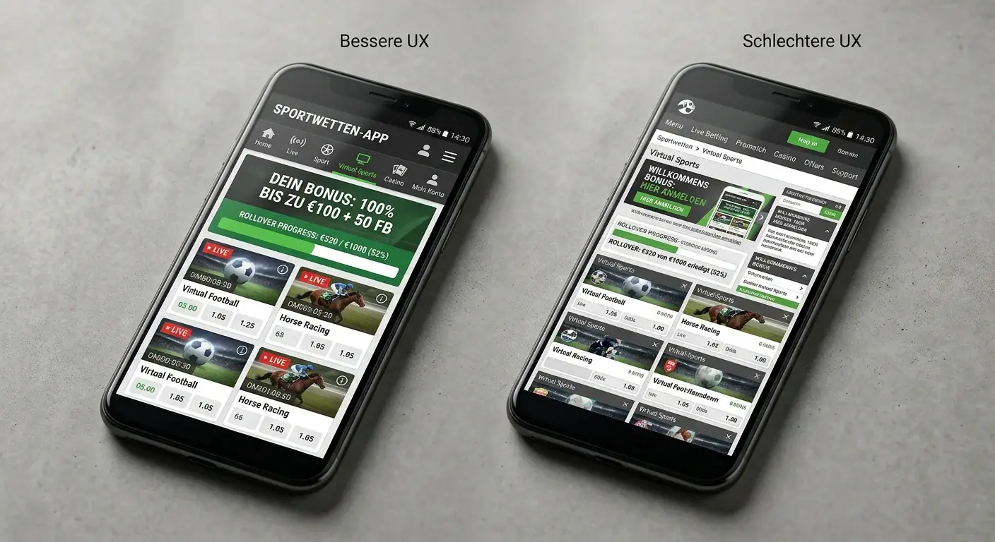 Nutzererfahrungsvergleich verschiedener Sportwetten Apps für Virtual Sports Bonus - Navigation Visualisierung und Bonusintegration