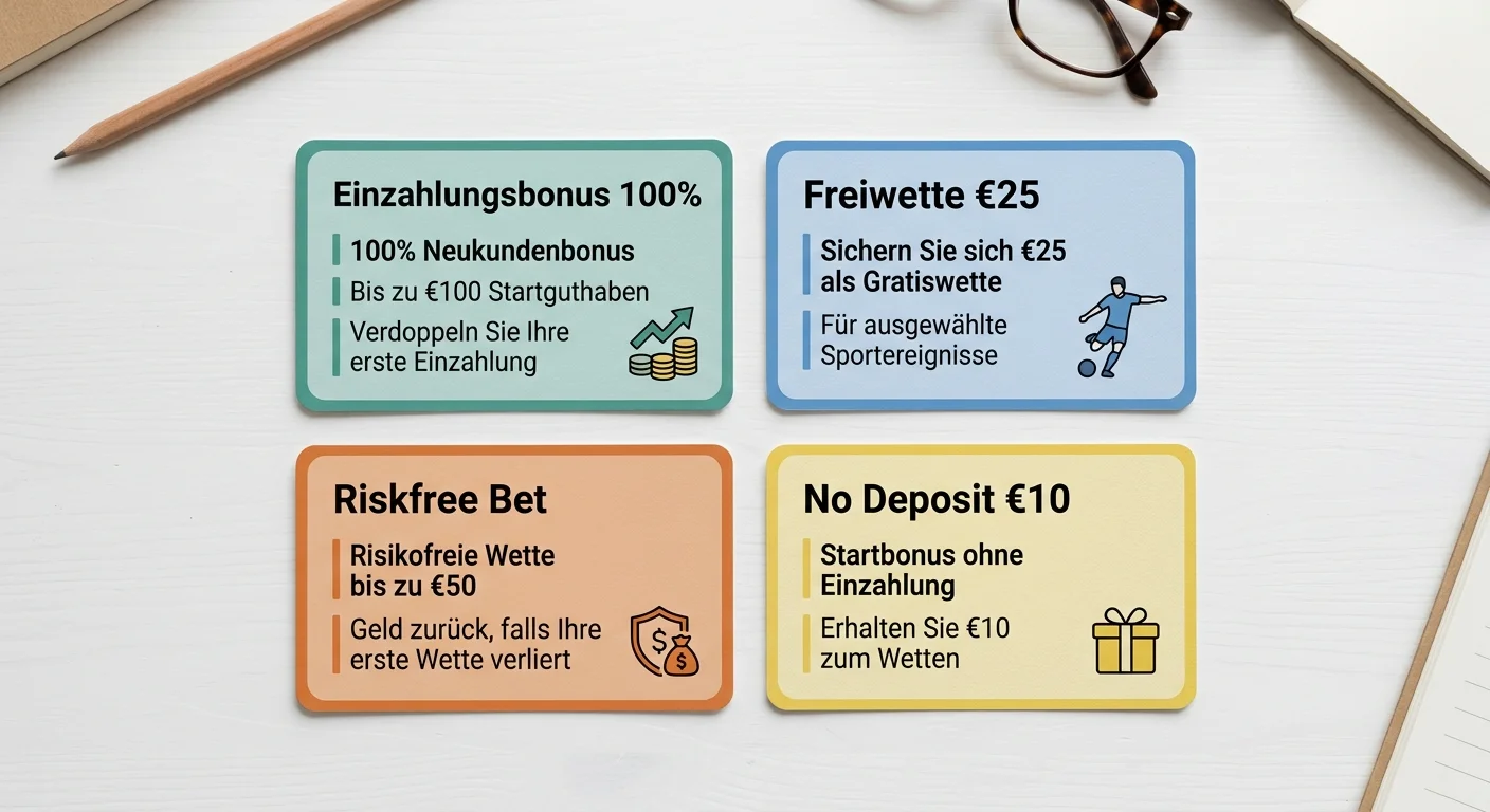 Übersicht der Neukundenbonus-Arten bei Sportwetten – Einzahlungsbonus, Freiwette, Riskfree Bet erklärt