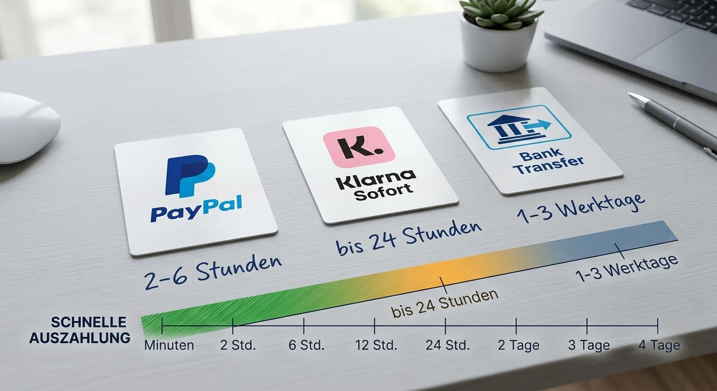 Übersicht der Auszahlungszeiten verschiedener Zahlungsmethoden beim Sportwetten Bonus wie PayPal Klarna und Banküberweisung