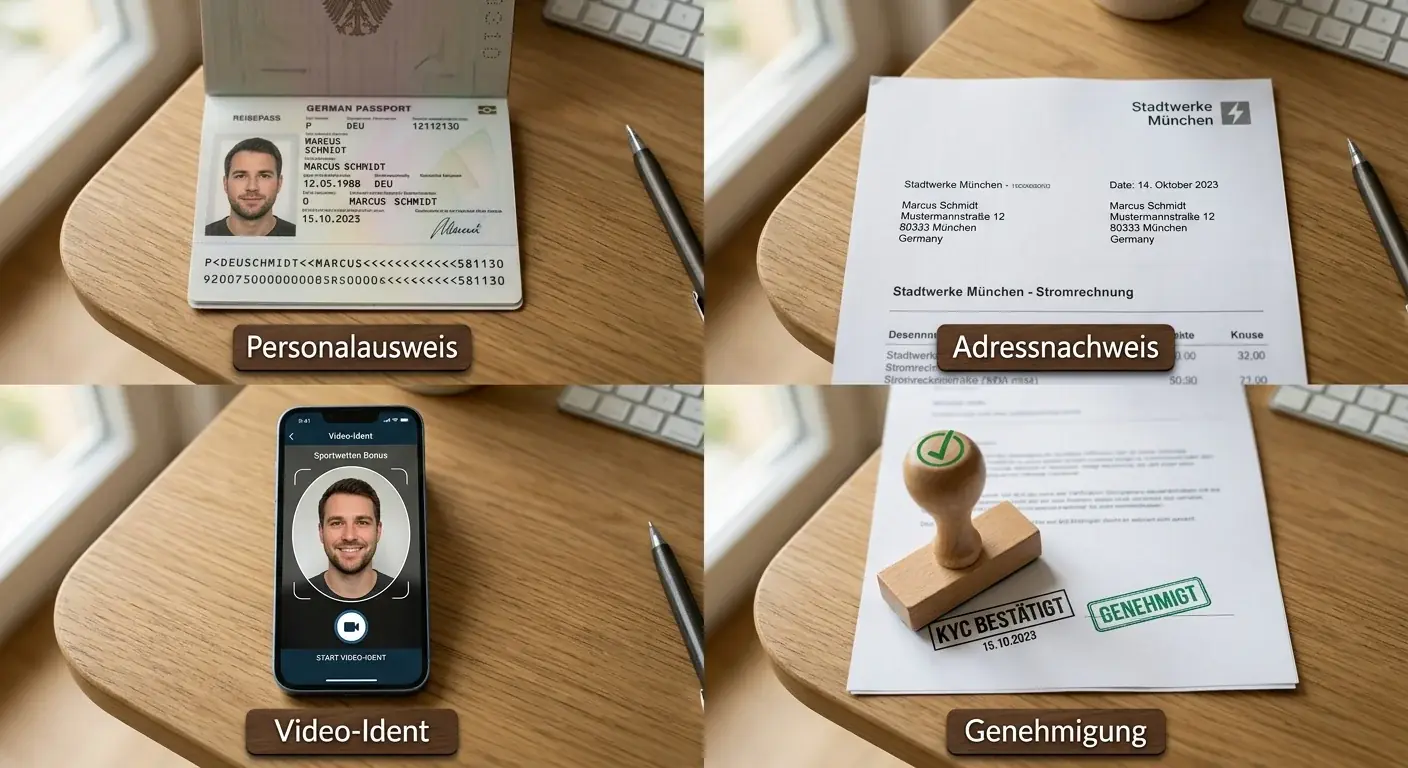 Übersicht der benötigten KYC-Dokumente beim Sportwetten Bonus - Personalausweis Adressnachweis und Video-Ident-Verfahren
