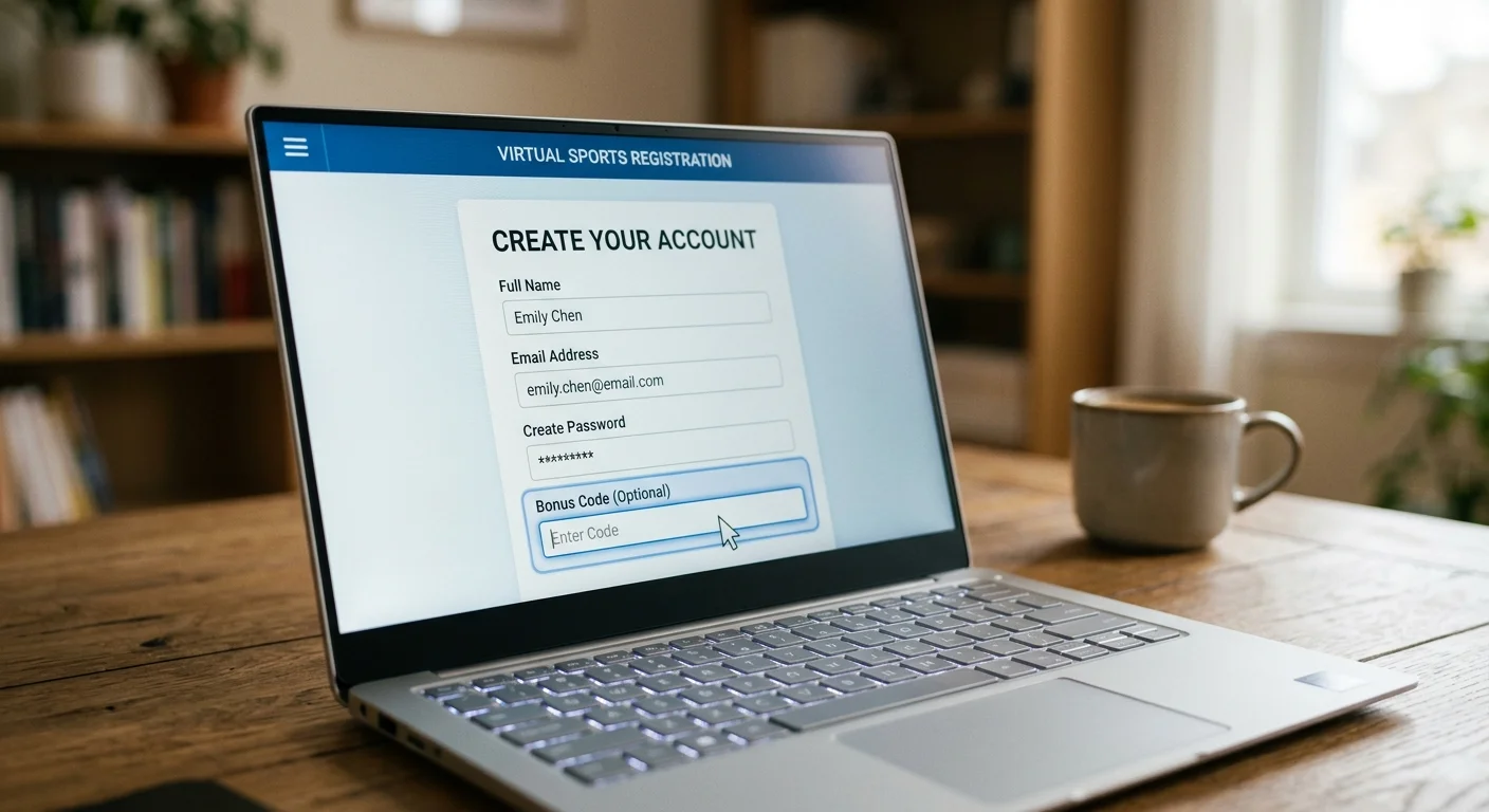 Eingabe eines Virtual Sports Bonus Codes beim Registrierungsprozess für virtuelle Sportwetten — wo der Promo Code eingetragen wird