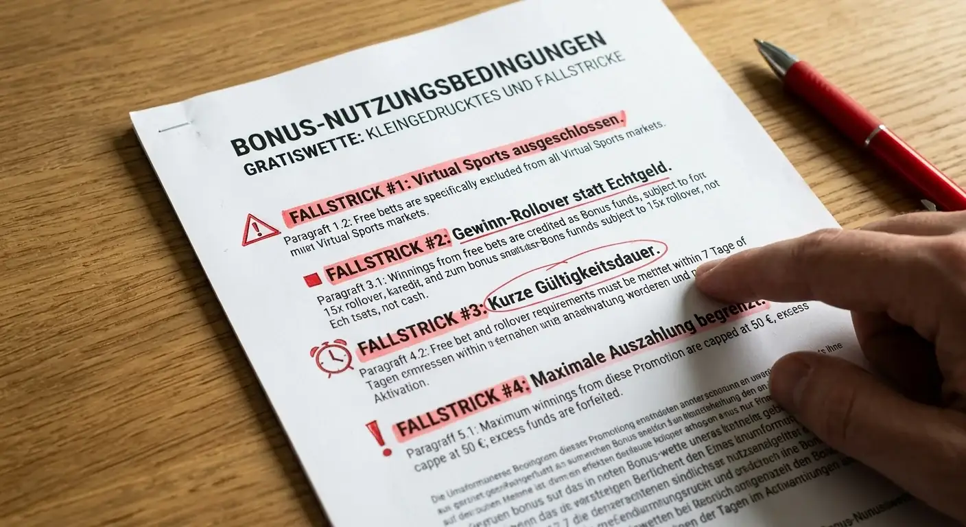 Fallstricke Freibet Kleingedrucktes virtuelle Sportwetten Ausschlüsse und versteckte Bedingungen