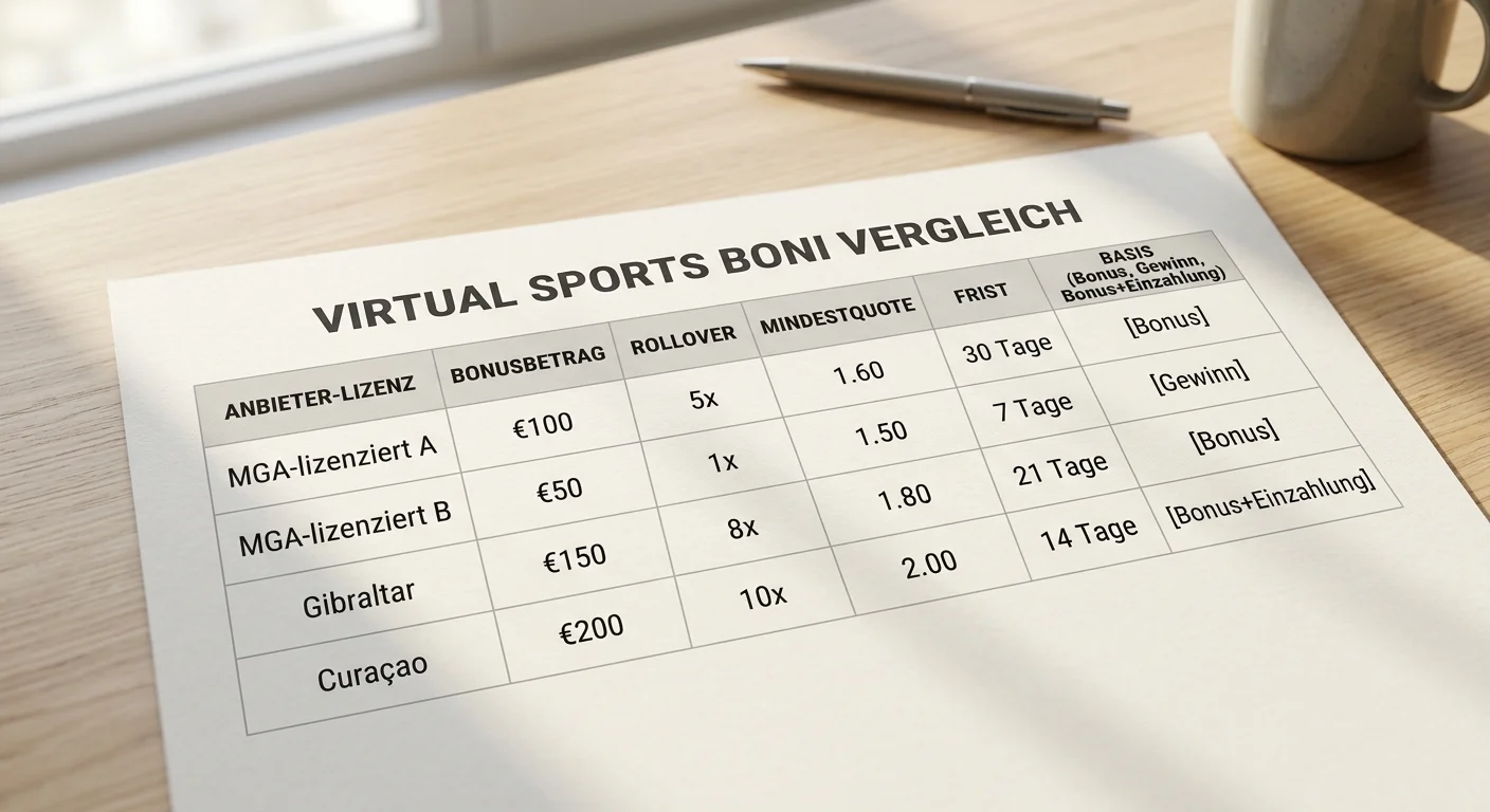 Virtual Sports Bonus Vergleich 2026 Tabelle mit Rollover Mindestquote und Fristen verschiedener Anbieter