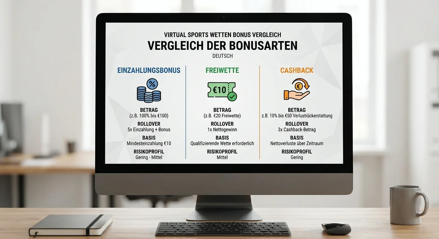 Vergleich Einzahlungsbonus Freiwette Cashback für virtuelle Sportwetten Bonus-Typen