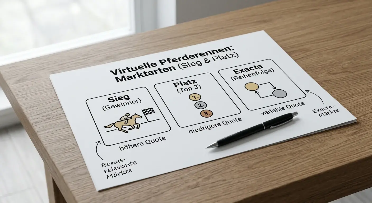 Marktarten bei virtuellen Pferderennen — Sieg Platz und Kombiwette für den Bonus-Umsatz verglichen