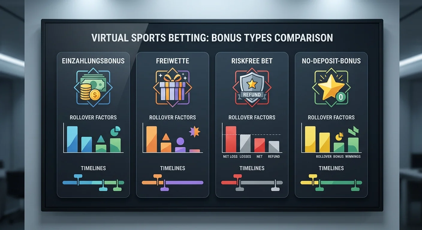 Vergleich der vier Bonusarten für virtuelle Sportwetten: Einzahlungsbonus, Freiwette, Riskfree Bet und No-Deposit-Bonus