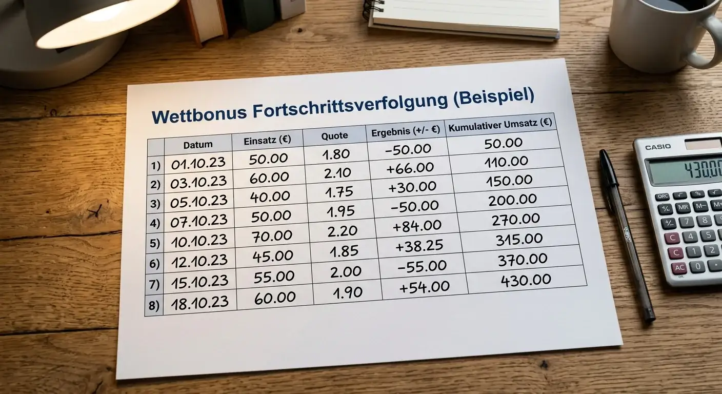 Bonusfortschritt beim Wettbonus verfolgen — eigene Tracking-Tabelle und Anbieter-Fortschrittsbalken für den Überblick nutzen