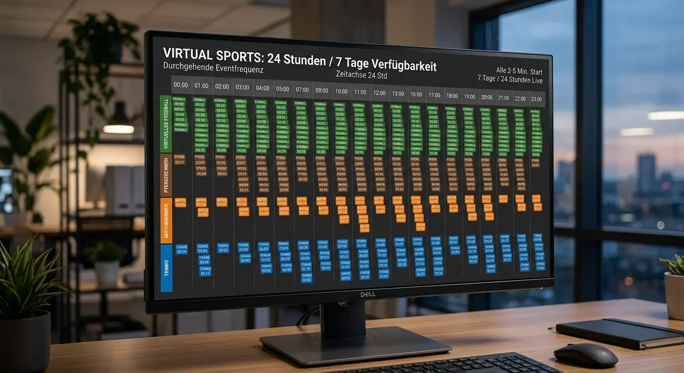 Eventfrequenz virtuelle Sportwetten 24 Stunden 7 Tage alle 2 bis 5 Minuten ein Ereignis