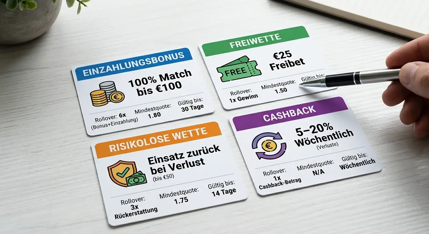 Die vier Haupttypen des Willkommensbonus Sportwetten — Einzahlungsbonus Freiwette Riskfree und Cashback im Vergleich